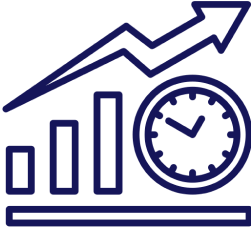 Icon of a bar chart with an upward arrow and a clock, symbolizing growth and time management.